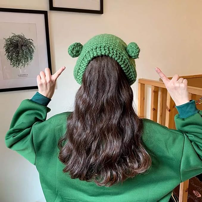 Cute handmade frog ear warmer headband; perfect women's knit fashion for chilly weather.