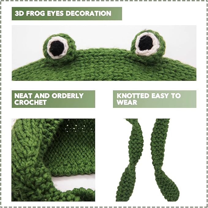 Women's green crocheted frog ear warmer headband; a stylish and warm winter accessory.