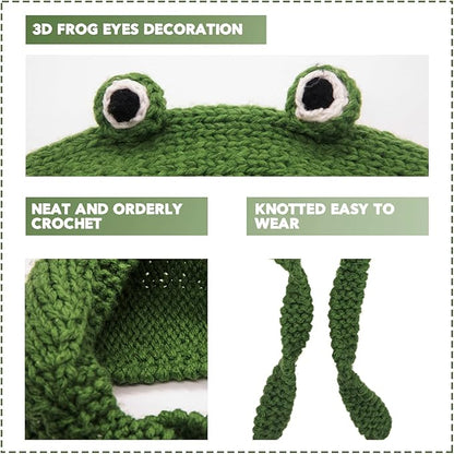 Women's green crocheted frog ear warmer headband; a stylish and warm winter accessory.