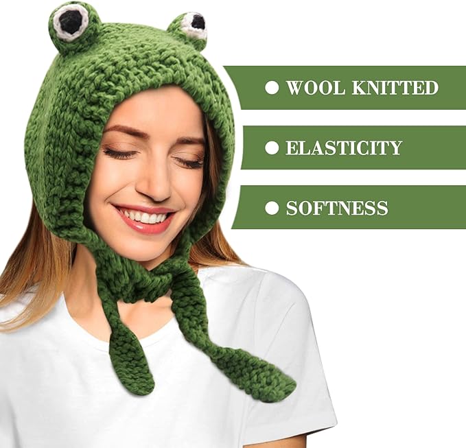 Handmade women's frog ear warmer headband; unique crocheted accessory for winter fashion.