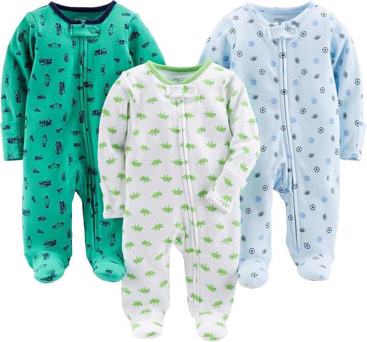 Full view of a baby winter 3-pack sleep & play outfit set. Comfortable cotton pajamas & playwear for infants & newborns.