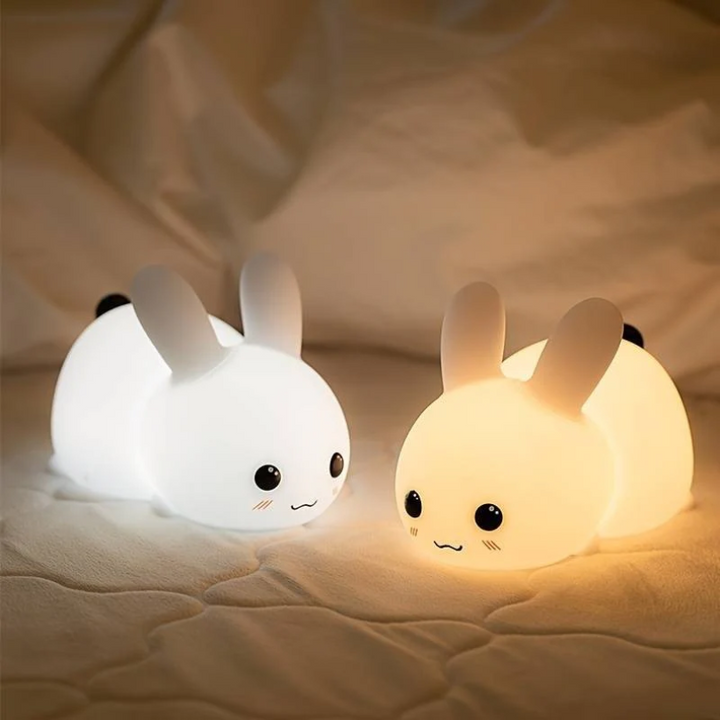 Adorable bunny night light, designed to calm children for sleep. Gentle glow for nursery or child's bedroom.