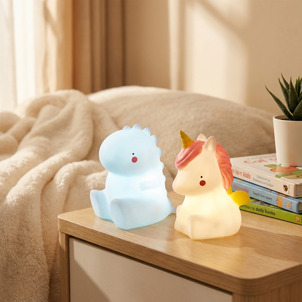 Cute Dreamasaur LED night lamp for kids' bedroom, a soothing dinosaur light for nursery decor.