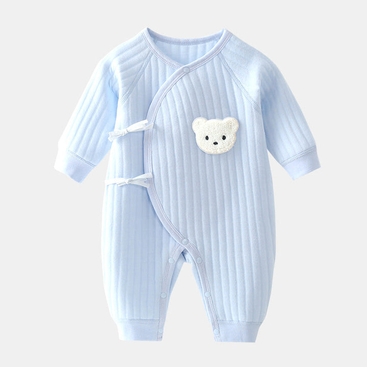 Cute infant bear romper in soft, cozy fabric for baby boys & girls. Perfect spring/fall playtime outfit.