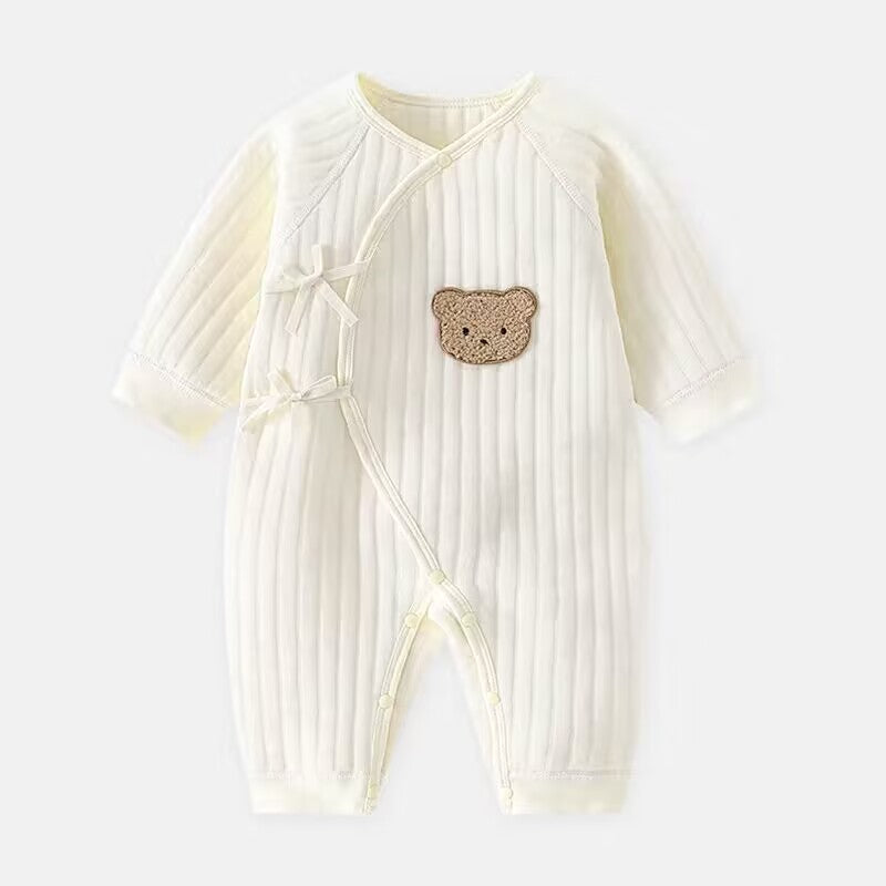 Adorable infant bear romper, an ideal newborn gift for baby boys & girls. Cozy spring/fall apparel.