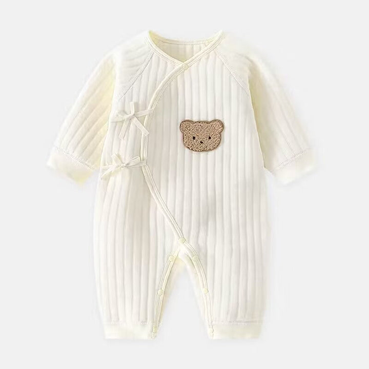 Adorable infant bear romper, an ideal newborn gift for baby boys & girls. Cozy spring/fall apparel.