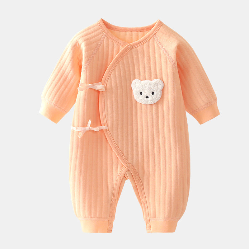 Full view of a cute infant bear romper with ears. Soft, cozy toddler style for spring & fall playtime.