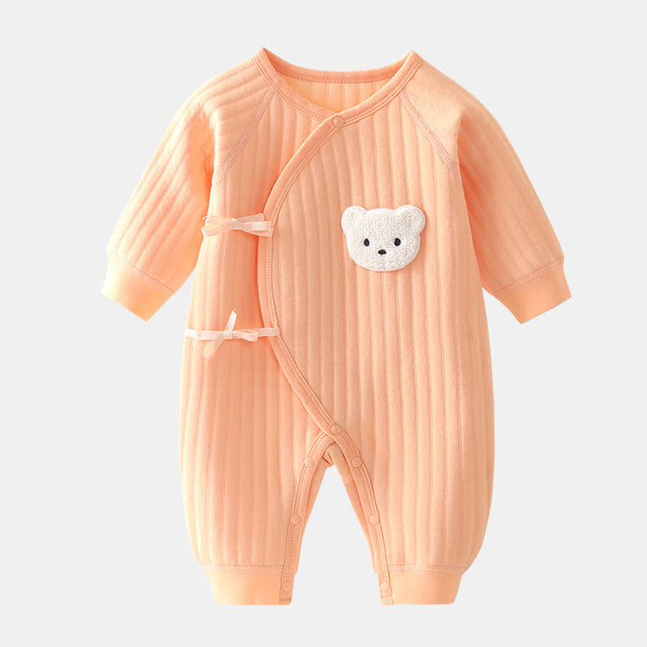 Full view of a cute infant bear romper with ears. Soft, cozy toddler style for spring & fall playtime.