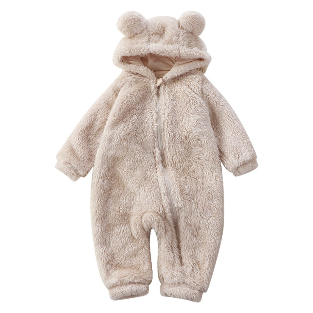 Cute unisex baby cartoon bear winter onesie romper. Cozy flannel infant sleepwear for warm baby outfits.