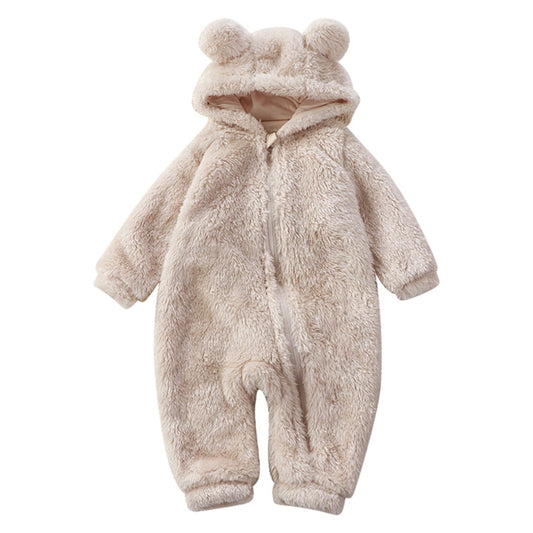 Cute unisex baby cartoon bear winter onesie romper. Cozy flannel infant sleepwear for warm baby outfits.