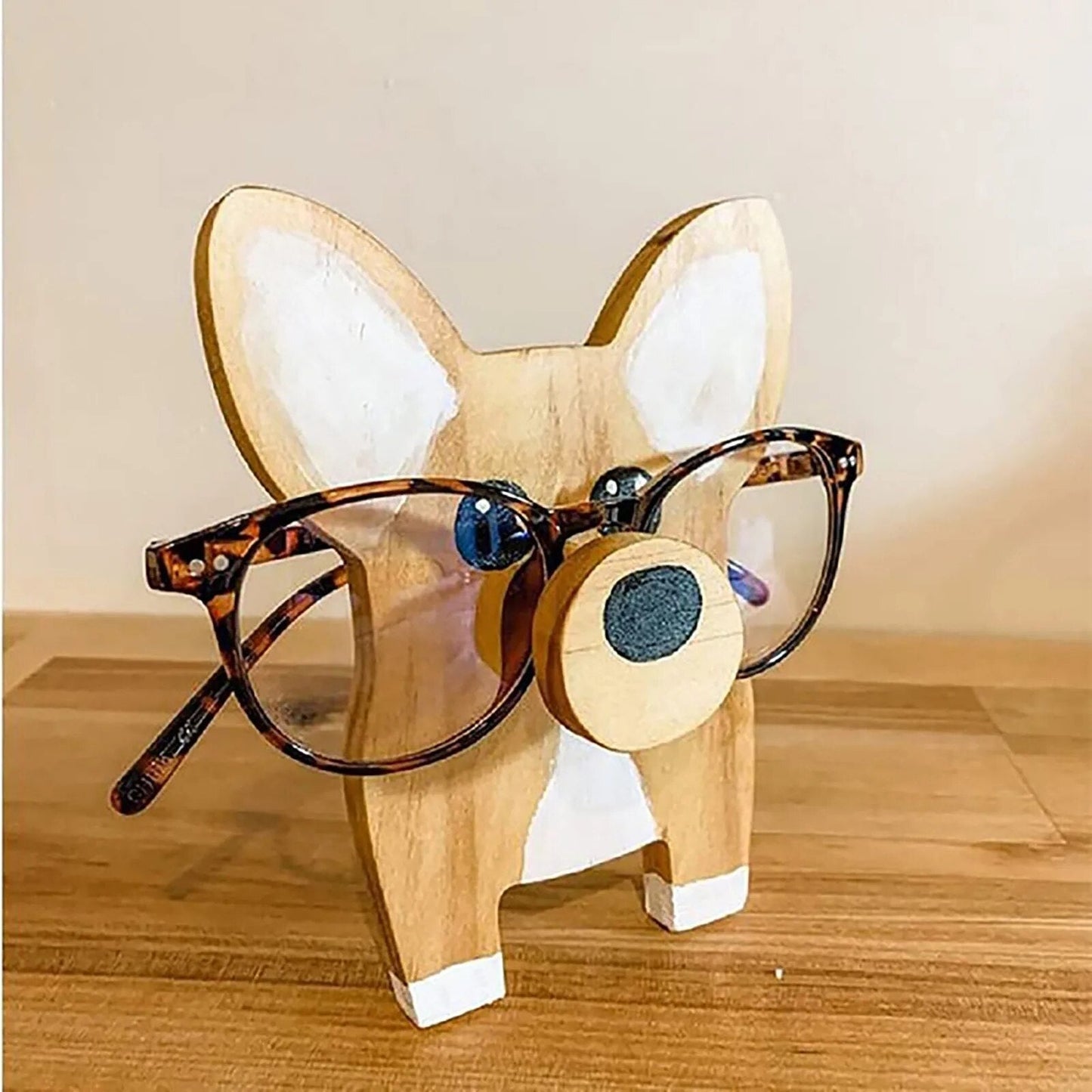 Elegant whimsical animal eyeglass stand, wooden holder, perfect for desk and unique home office decor.