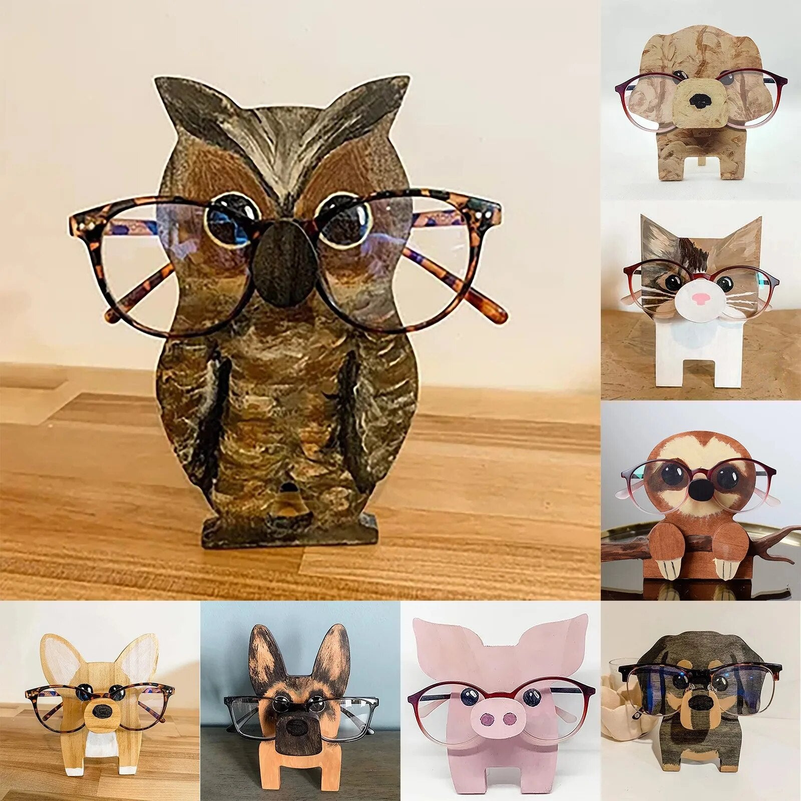 Whimsical animal glasses holder, a charming wooden stand & desk organizer for your spectacles.