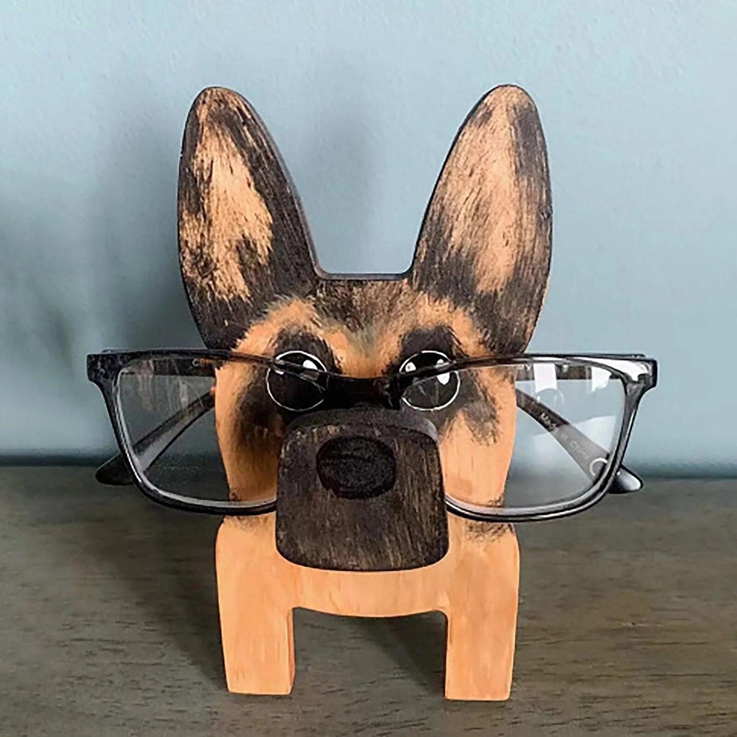 Cute wooden animal eyeglass stand, ideal desk organizer and unique gift for glasses wearers.