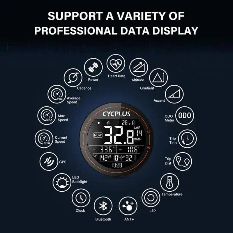 Close-up of Cycplus M2 GPS Bike Computer, showing easy-to-read screen with cycling data