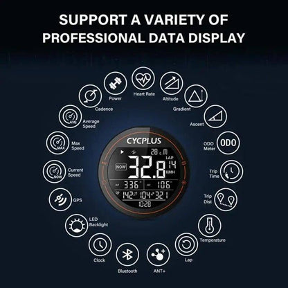 Close-up of Cycplus M2 GPS Bike Computer, showing easy-to-read screen with cycling data