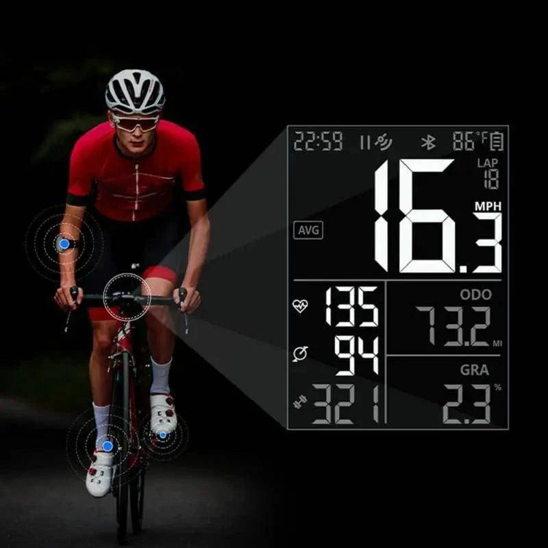 Cycplus M2 GPS fitness tracker, showing connectivity icons for ANT+ and Bluetooth sensors