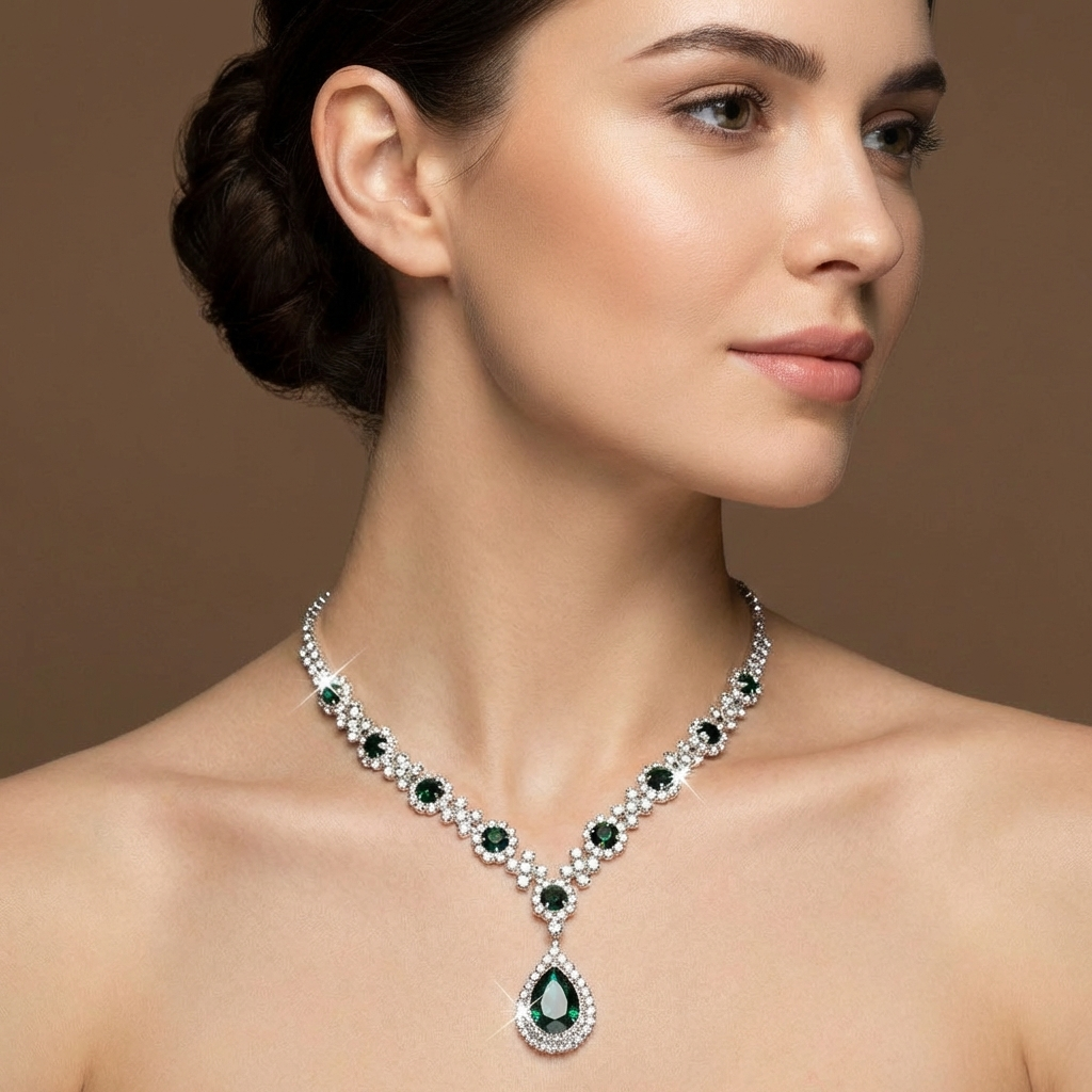 Sparkling cubic zirconia waterdrop pendant on a delicate women's necklace.