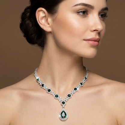 Sparkling cubic zirconia waterdrop pendant on a delicate women's necklace.