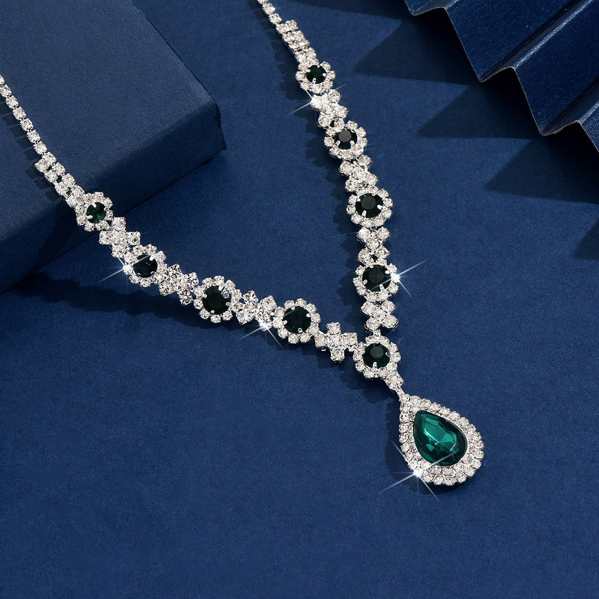Blue cubic zirconia waterdrop pendant necklace, sparkling dainty women's jewelry.