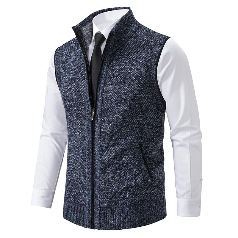 Dark-blue men's knit mock neck sweater vest, perfect for stylish autumn layering & business casual outfits.