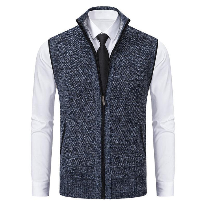 Men's knitted mock neck gilet in gray, a versatile sweater vest for casual or business casual layering.
