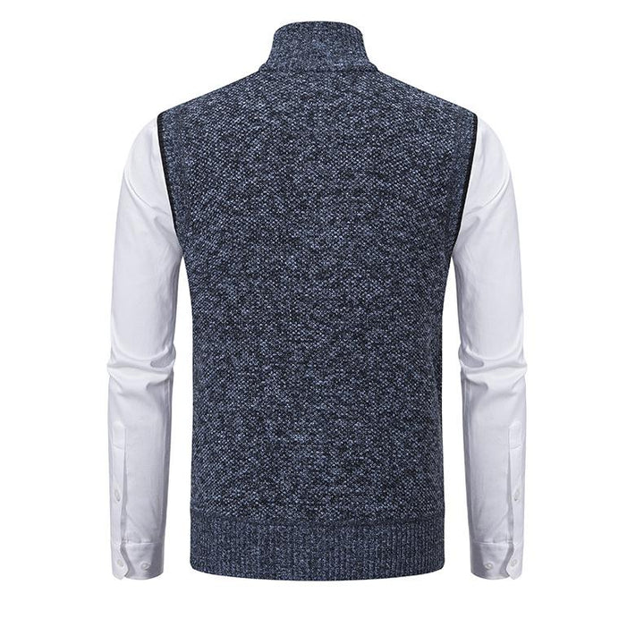 Stylish black men's mock neck sweater vest for winter layering. A warm knit gilet for casual & smart looks.