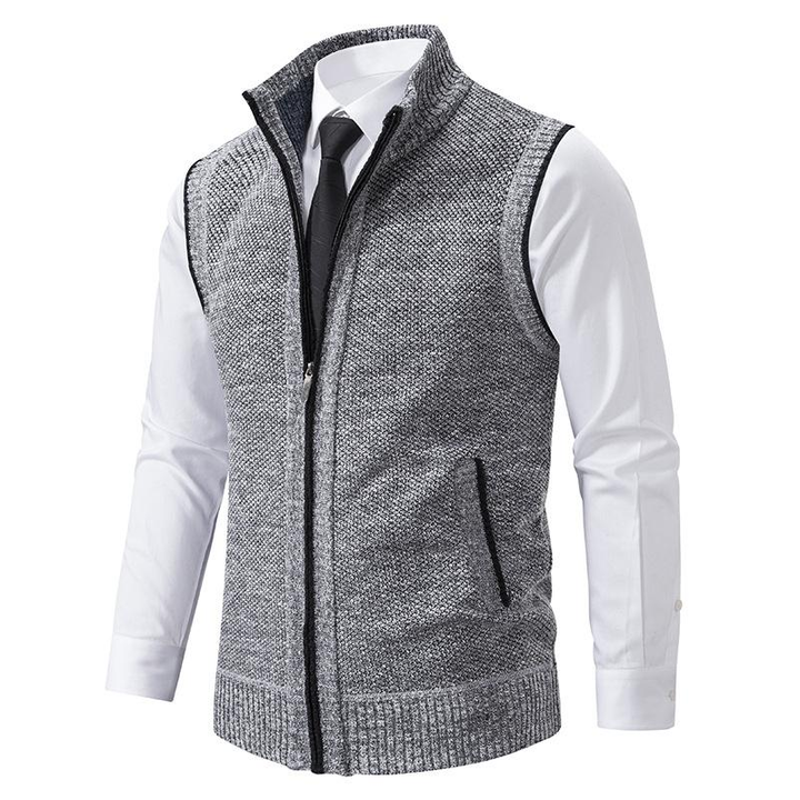 Red knit mock neck gilet for men. A comfortable sweater vest, ideal for autumn business casual layering.