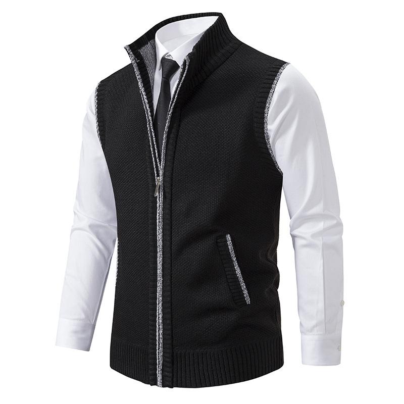 Warm men's knit sweater vest with mock neck in dark-blue, great for winter layering & business casual style.