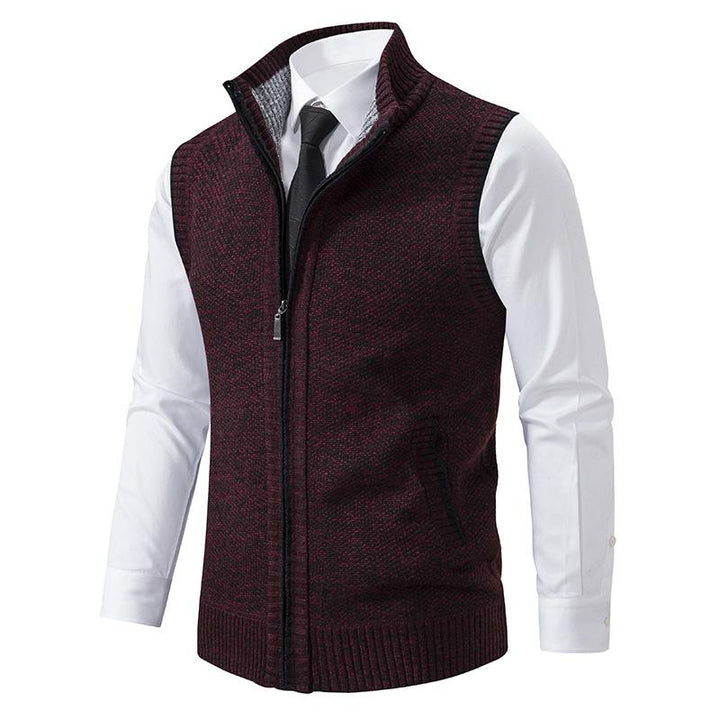 Cozy gray men's knit mock neck gilet. This stylish sweater vest offers comfortable layering for autumn & winter outfits.