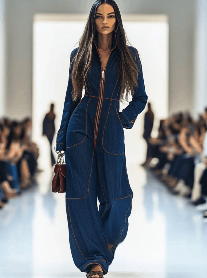 Elegant dark blue wide leg jumpsuit for women, featuring a practical zip front, ideal for smart casual comfort.