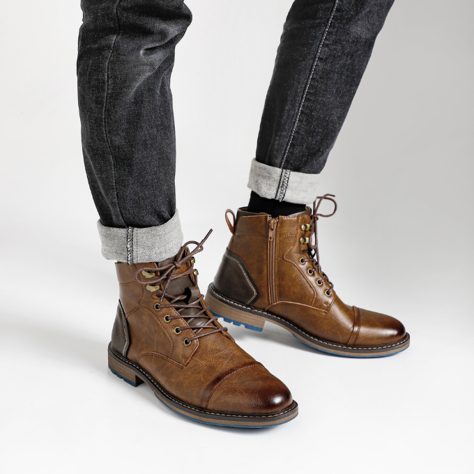 Full view of men's Bayshore durable dark brown side-zip everyday boots. Rugged and casual.