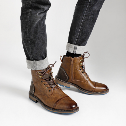 Full view of men's Bayshore durable dark brown side-zip everyday boots. Rugged and casual.