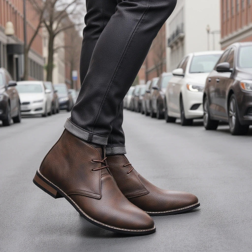 Premium dark brown leather men's ankle boots, designed for comfort and everyday rugged style.