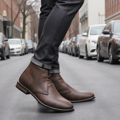 Premium dark brown leather men's ankle boots, designed for comfort and everyday rugged style.