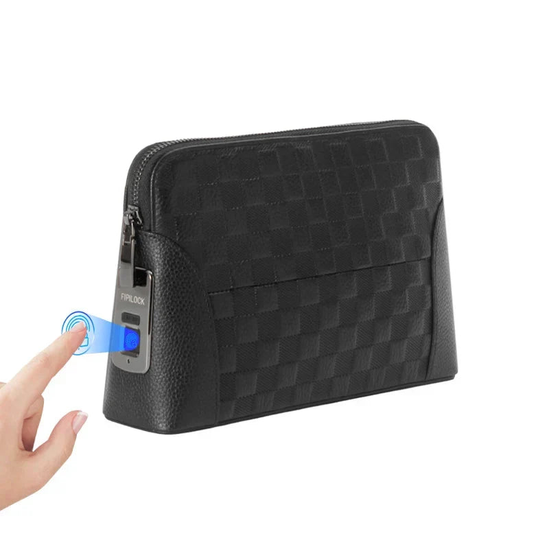 Dark brown men's leather clutch wallet with visible fingerprint lock, showcasing its secure and stylish design.