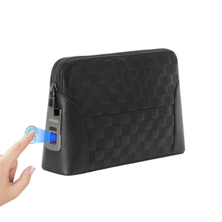 Dark brown men's leather clutch wallet with visible fingerprint lock, showcasing its secure and stylish design.