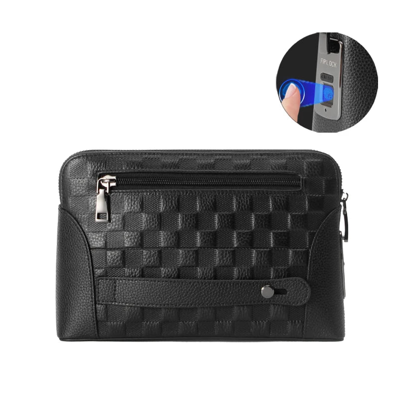 Men's travel clutch wallet, premium leather, biometric fingerprint lock for secure card & cash storage.