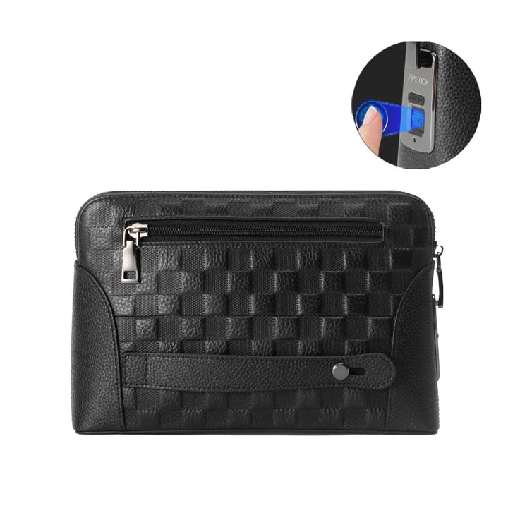Men's travel clutch wallet, premium leather, biometric fingerprint lock for secure card & cash storage.
