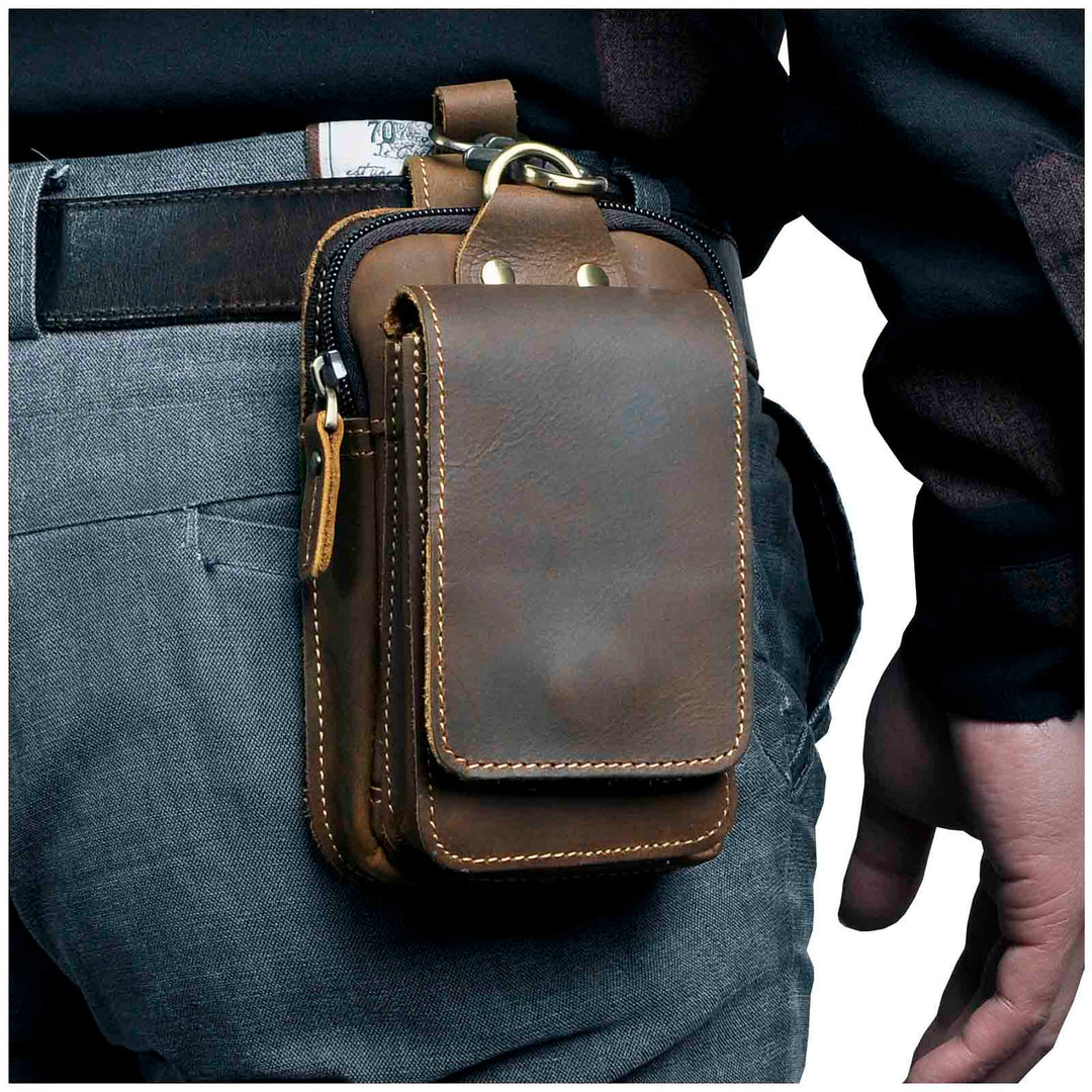 Dark brown men's premium waist bag for everyday essentials & travel. Stylish hip pack for modern men.
