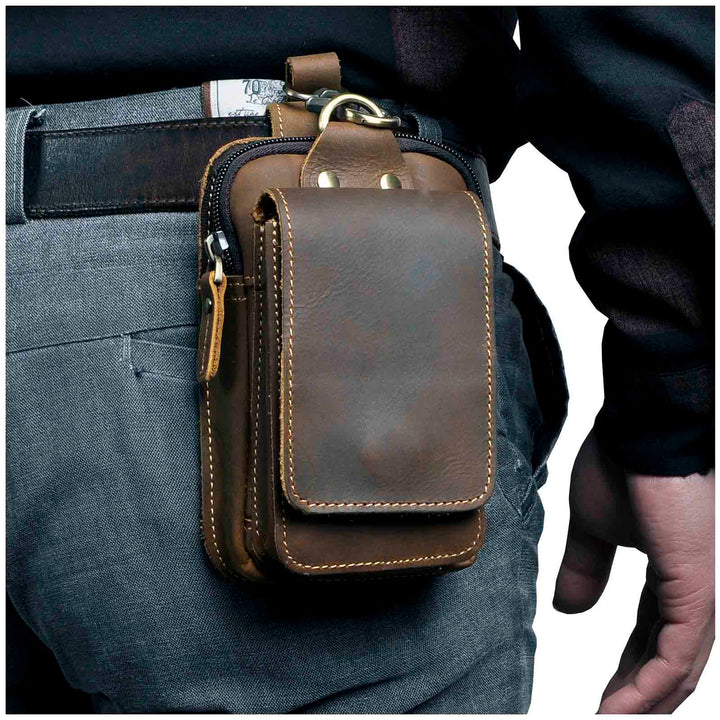 Dark brown men's premium waist bag for everyday essentials & travel. Stylish hip pack for modern men.