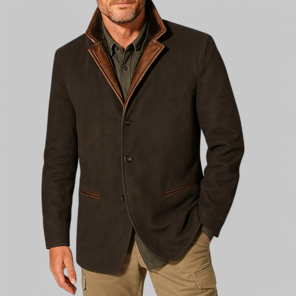 Dark brown men's vintage style jacket. Classic autumn outerwear for stylish fall fashion.