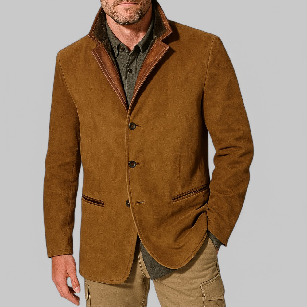 Dark blue men's vintage fall jacket. Stylish casual outerwear, ideal for classic autumn fashion.