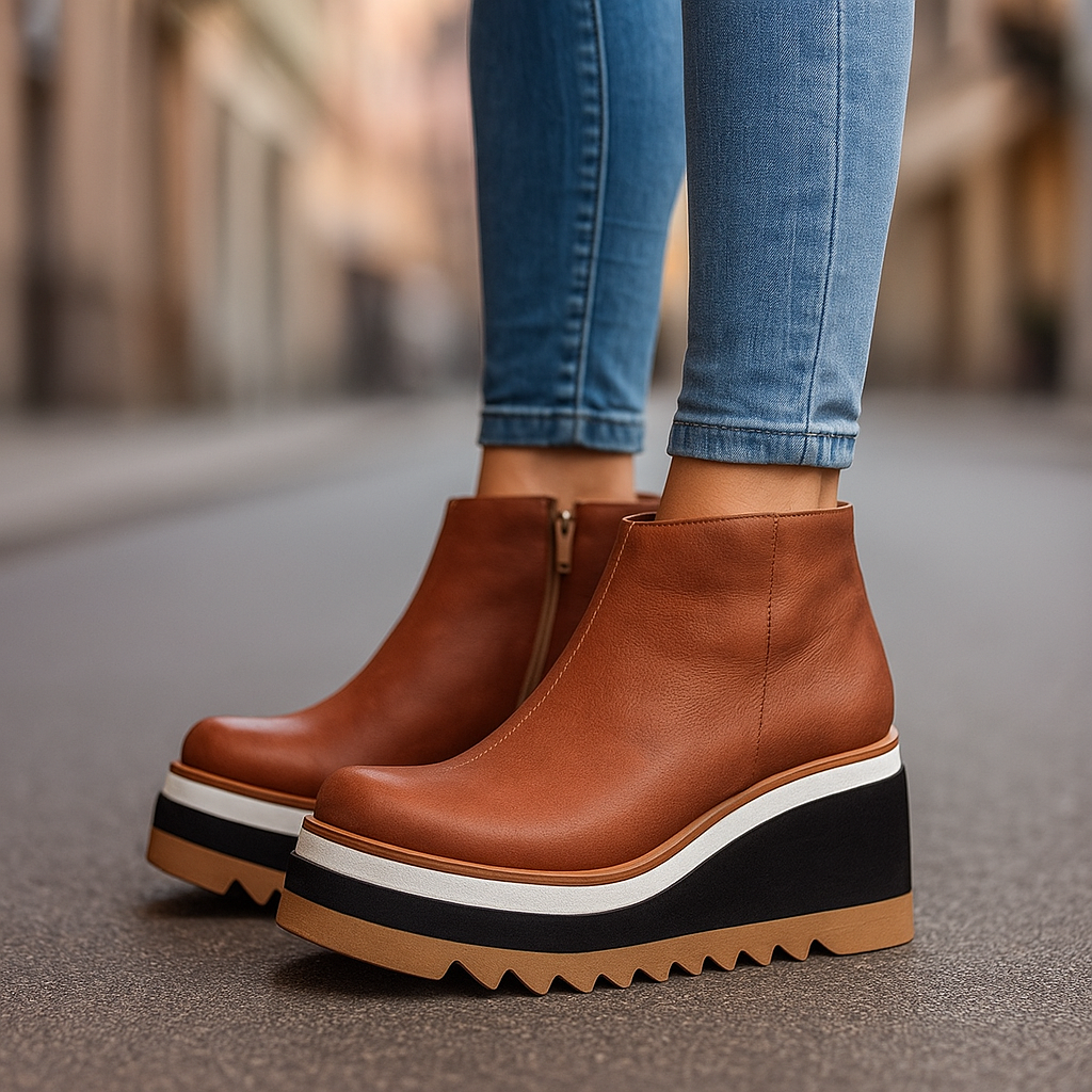 Dark brown women's comfort platform ankle boots with side zipper, shock-absorbing orthopedic design.