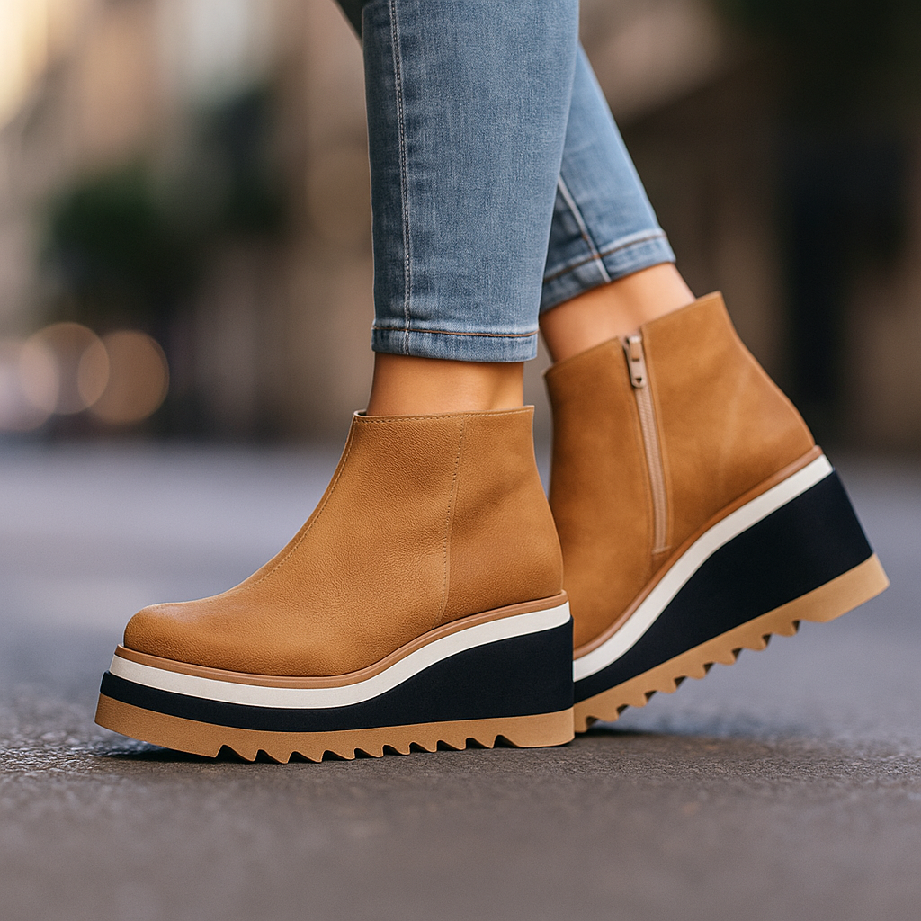 Stylish brown walnut women's platform ankle boots, versatile and comfortable, with side zipper.
