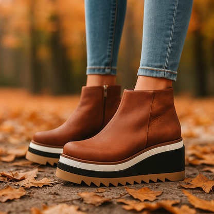 Women's orthopedic ankle boots in dark brown, featuring a comfort platform and shock absorption.