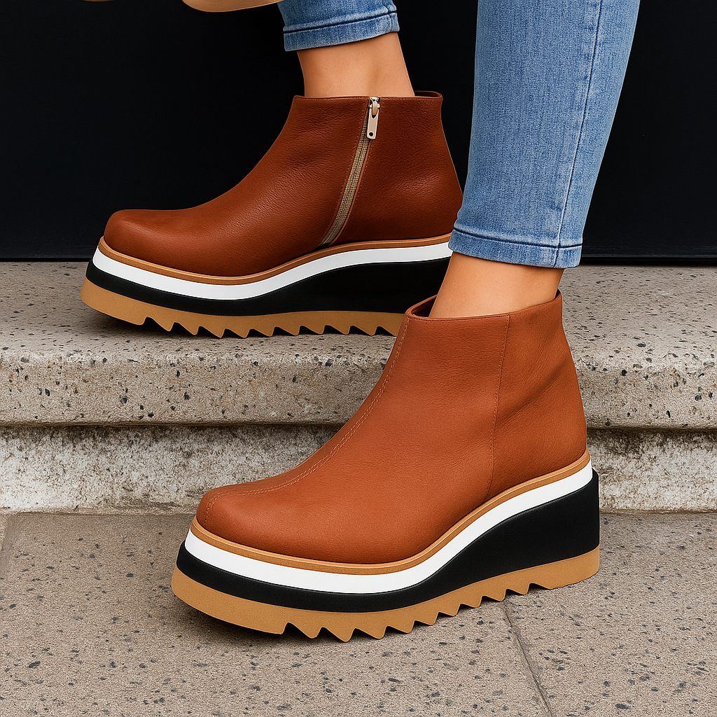 Versatile brown platform ankle boots for women, with side zipper and orthopedic comfort.