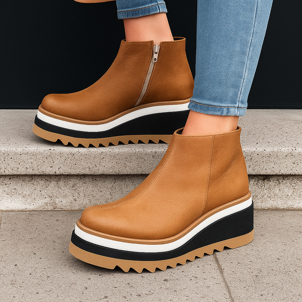 Comfortable dark brown women's ankle boots, platform style with shock-absorbing orthopedic design.