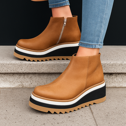 Comfortable dark brown women's ankle boots, platform style with shock-absorbing orthopedic design.