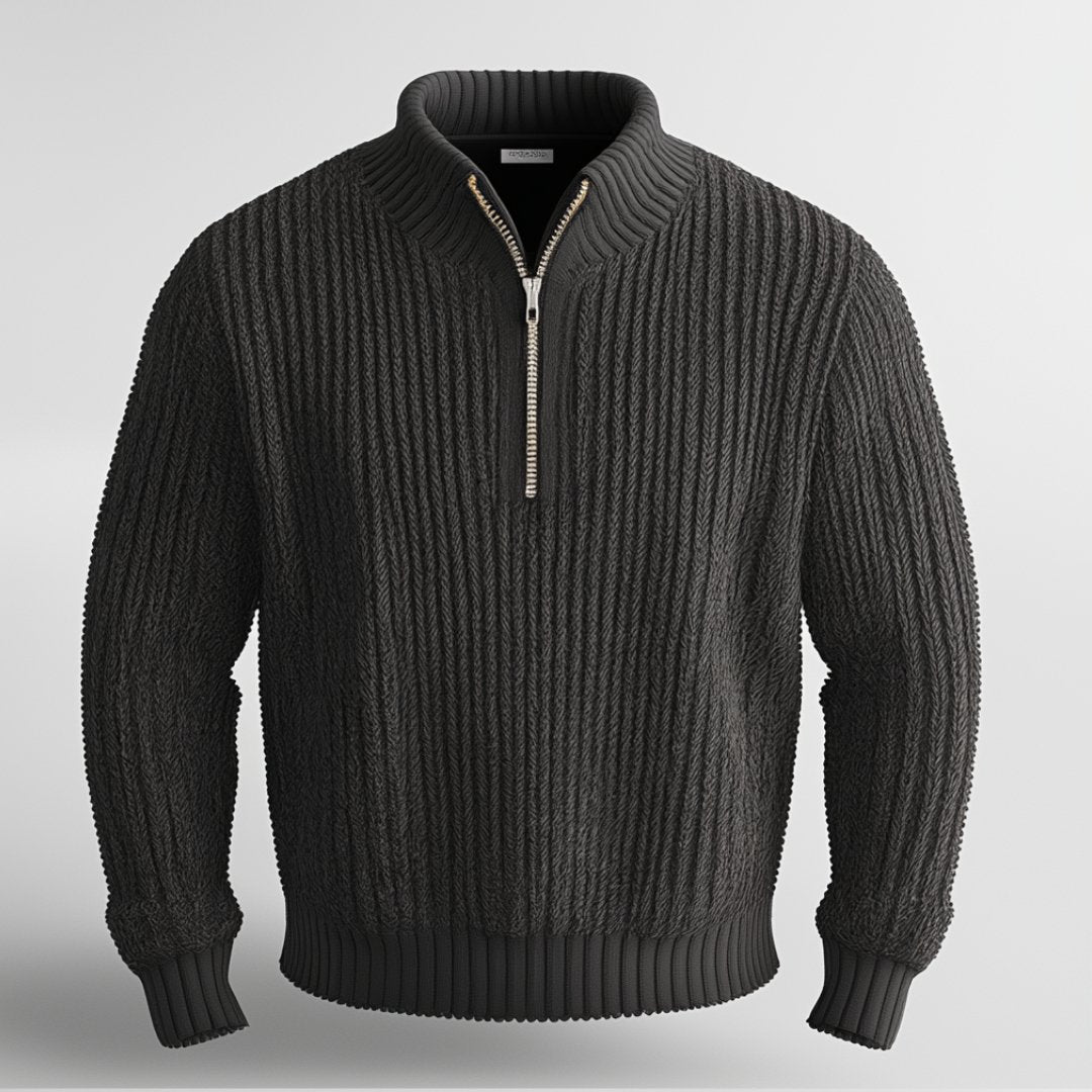 Dark gray men's cozy quarter-zip sweater, perfect for versatile layering & fall fashion. Comfortable pullover style.