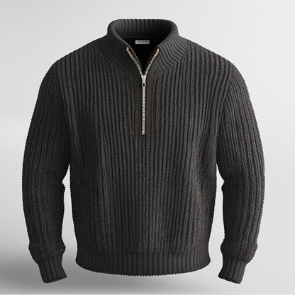 Dark gray men's cozy quarter-zip sweater, perfect for versatile layering & fall fashion. Comfortable pullover style.